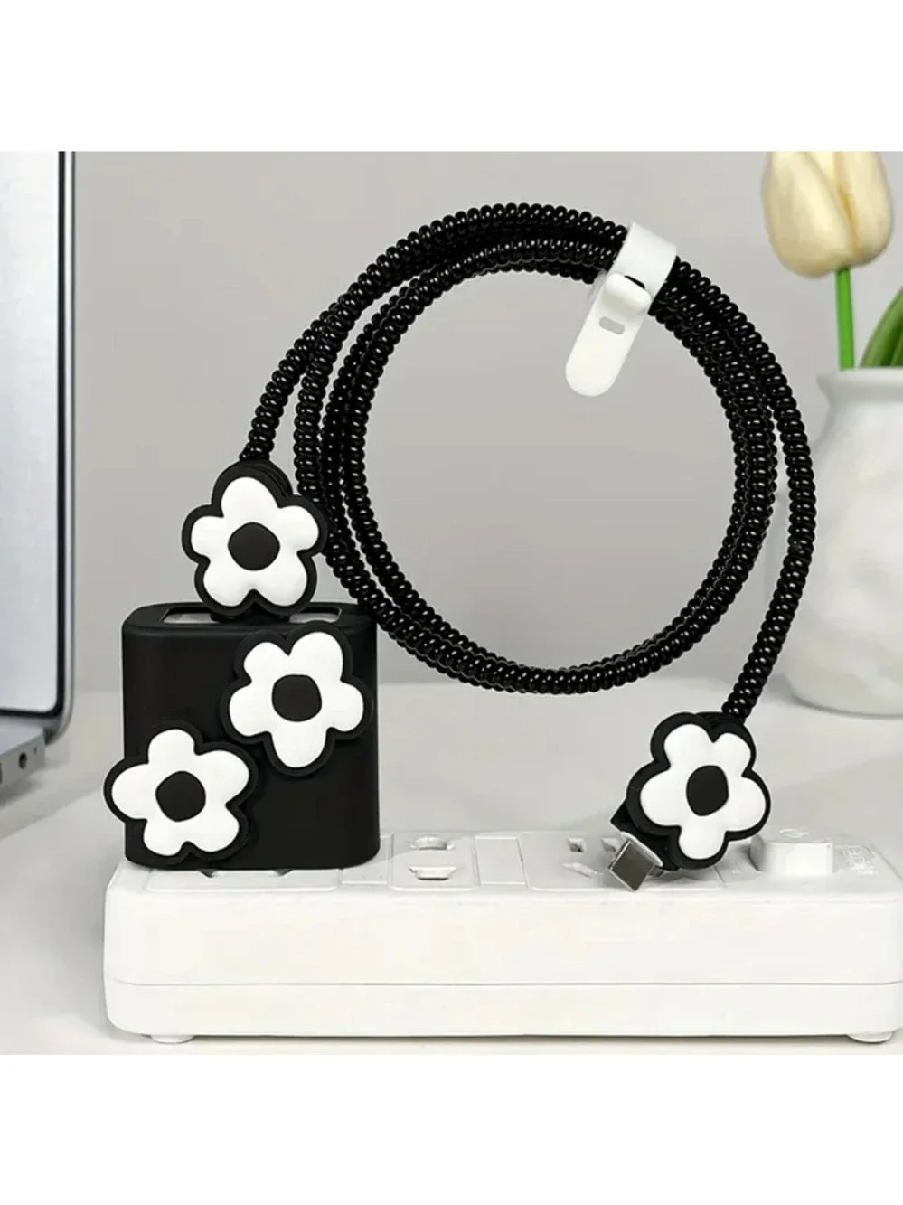 Black White Flowers iPhone Charger Cover Cable Protector P60